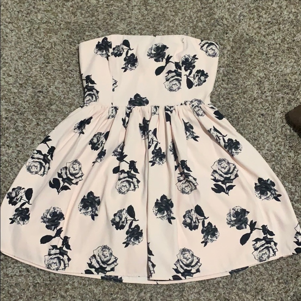 Pink and black flower strapless dress